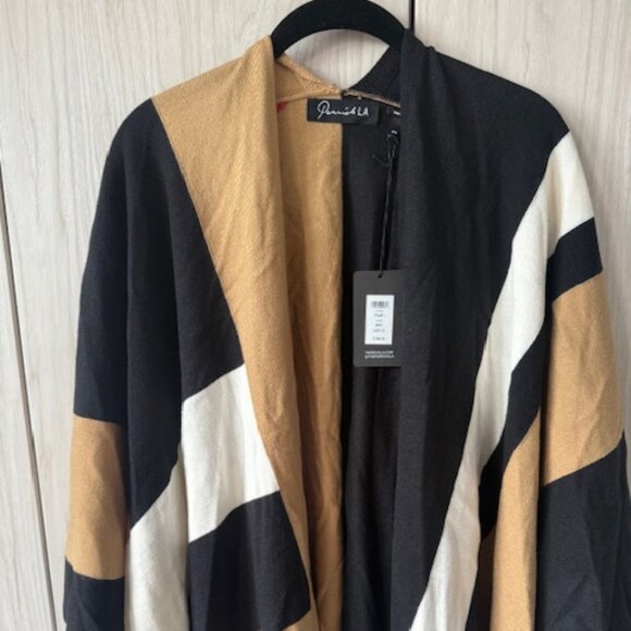 Parrish LA Black, White and Camel Color Block Poncho Wrap OS - Picture 1 of 3